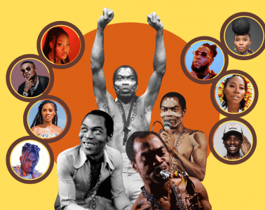 A collage of afrobeats singers, including fela anikulapo kuti